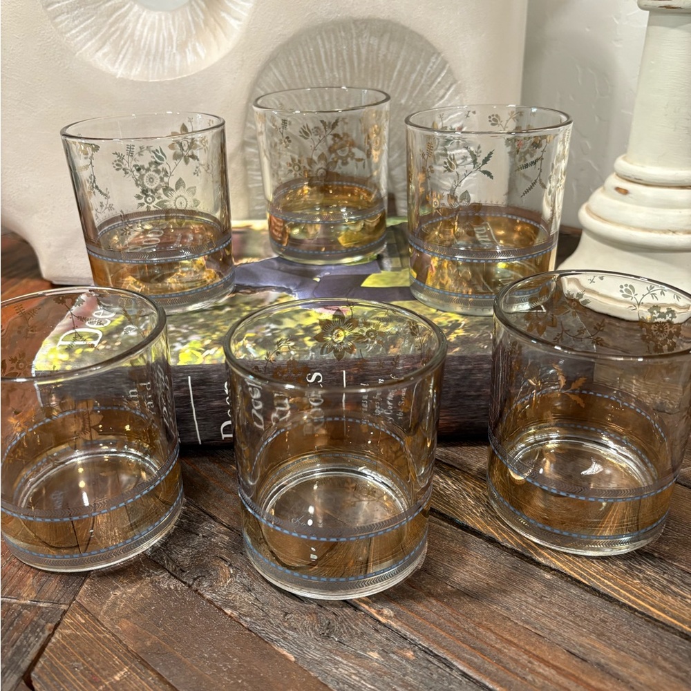 Set of 6 PATINA VIE Double Old Fashioned Cocktail Glasses Gold w/Blue